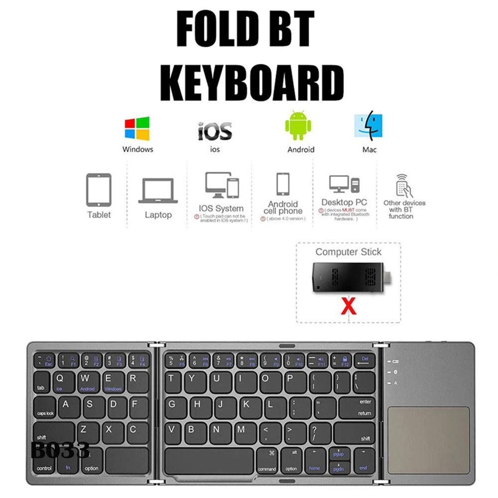 Mini Teclado Dobrável Sem Fio Bluetooth com Touchpad Integrado - Frete Grátis