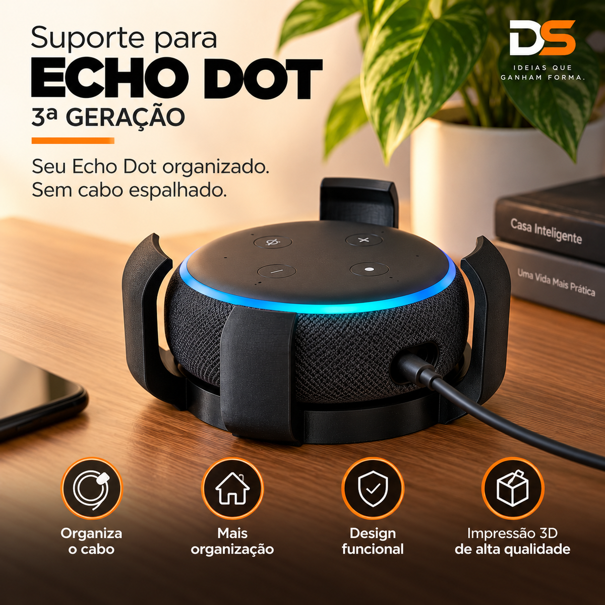 Suporte para Echo Dot 3ª Geração com Organizador de Cabo